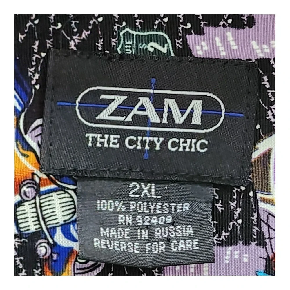 ZAM Short Sleeve Button‎ Up Vintage Black Shirt Size 2XL Cars City Colorful NWOT
